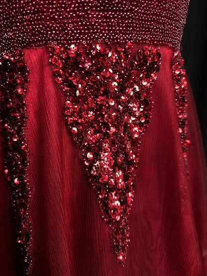 Vintage Prom Dresses A line V Neck Red Tulle With Beads Crystals Sleeveless Long Formal Outfits RB6005