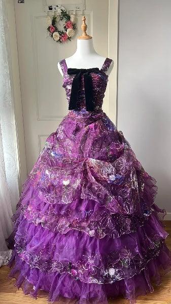 Elegant Sweet 16 Dress Long Square Neck Grape With Tiered Layers Ball Gown Sweet Sixteen Party Birthday Dresses RC0562
