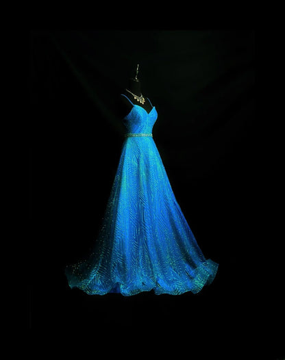 Vintage 70s Prom Dresses Ball Gown Spaghetti Strap Blue Sequin Long Party Gown Formal Outfits RB6006