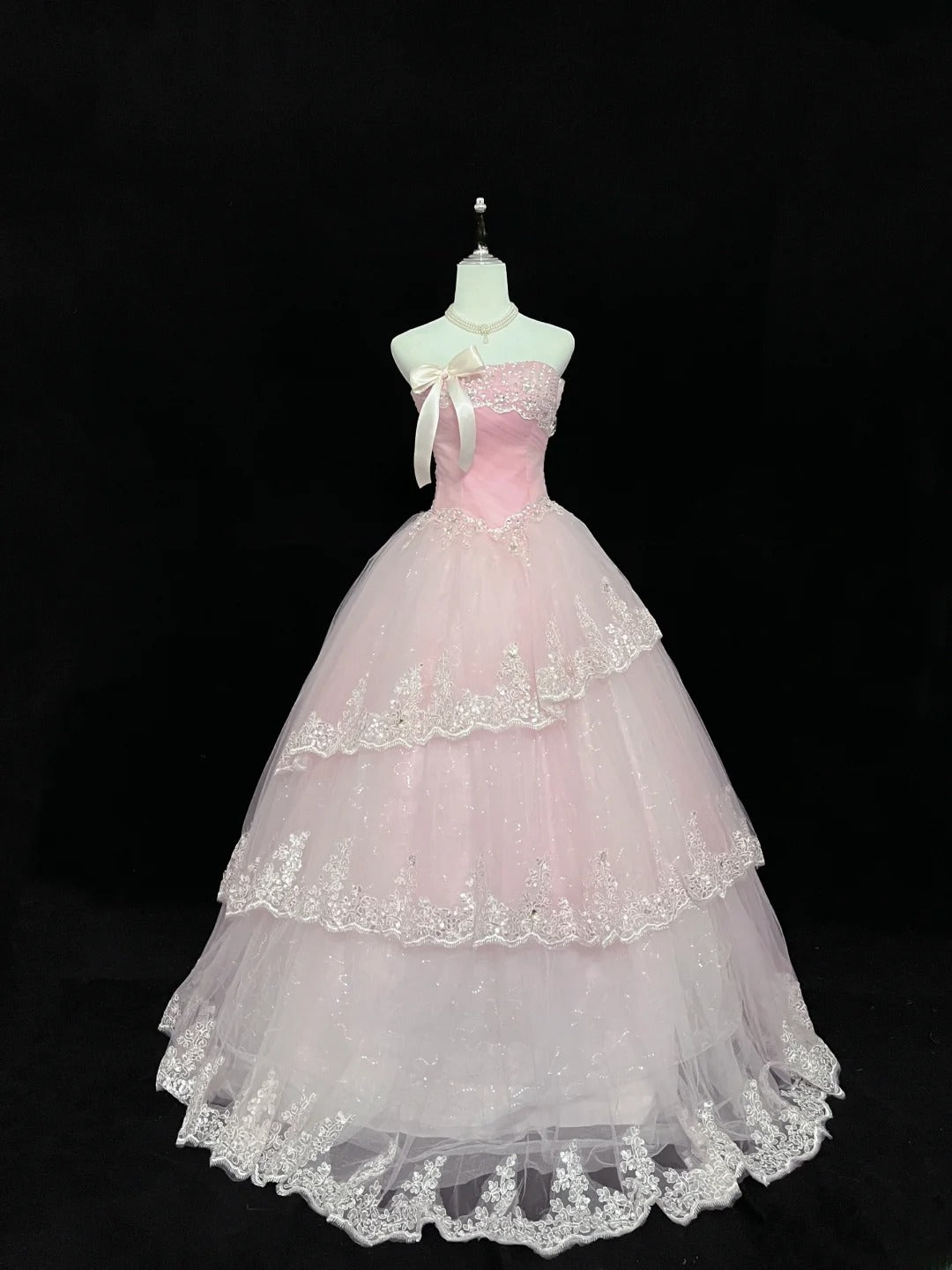 Dream Ball Gowns Strapless Pink With Appliqued Lace Long Prom Dress Senior Puffy Sweet 16 Sixteen Outfit Vestido de 15 RB7605