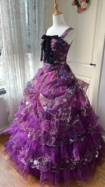 Elegant Sweet 16 Dress Long Square Neck Grape With Tiered Layers Ball Gown Sweet Sixteen Party Birthday Dresses RC0562