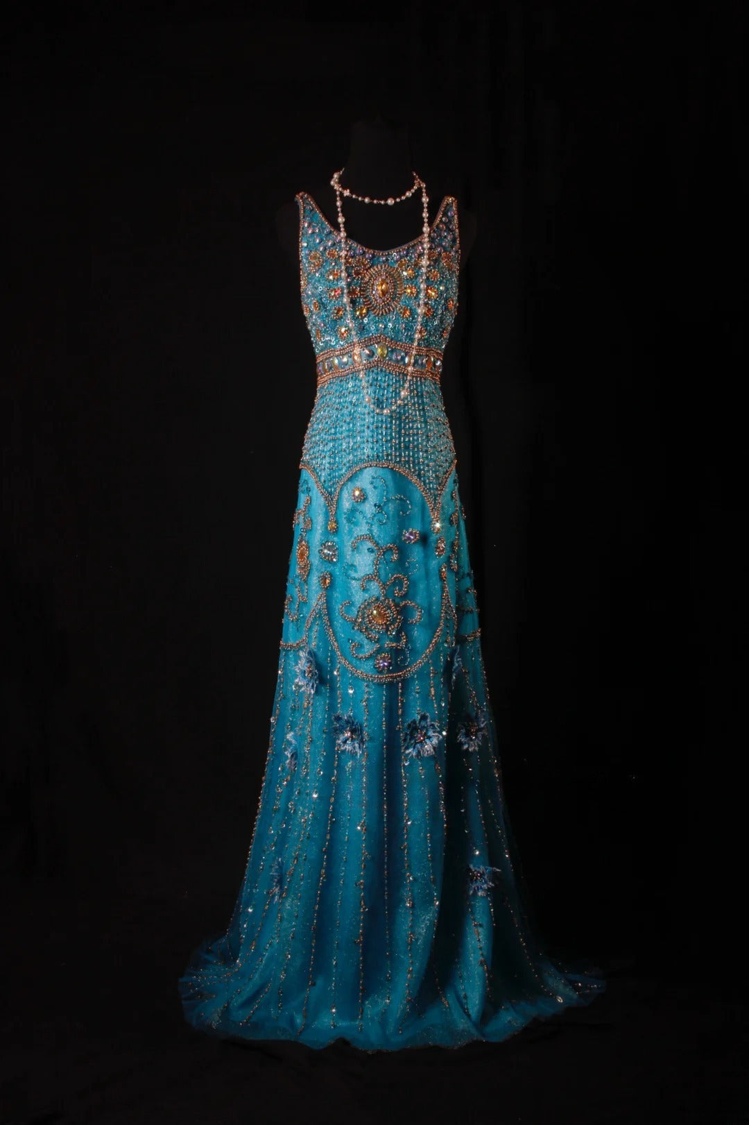 Robe de bal élégante années 1950, coupe trapèze, tulle orné de perles dorées, robe de soirée longue bleue AS205