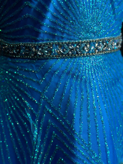 Vintage 70s Prom Dresses Ball Gown Spaghetti Strap Blue Sequin Long Party Gown Formal Outfits RB6006