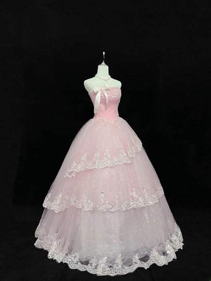 Dream Ball Gowns Strapless Pink With Appliqued Lace Long Prom Dress Senior Puffy Sweet 16 Sixteen Outfit Vestido de 15 RB7605