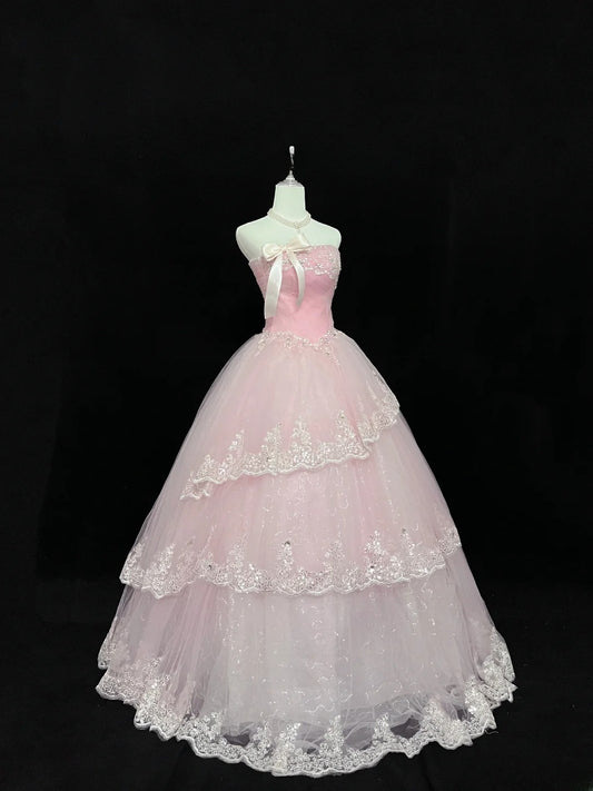 Dream Ball Gowns Strapless Pink With Appliqued Lace Long Prom Dress Senior Puffy Sweet 16 Sixteen Outfit Vestido de 15 RB7605
