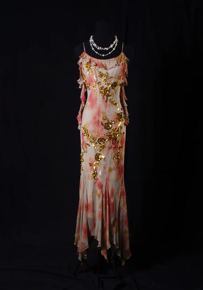 Robe de bal élégante années 50, sirène, bretelles spaghetti, mousseline ornée de perles dorées, robe de soirée longue AS206
