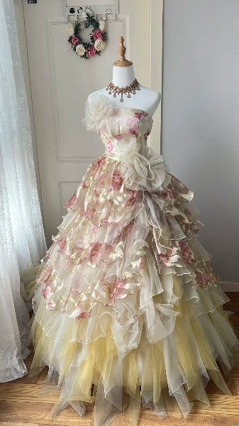 Sweet 15 Quinceanera Dress Ball Gown Strapless Yellow Floral Tulle Long 15th Birthday Gown RC0563