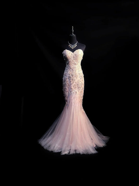 Vintage 80s Prom Dresses Mermaid Sweetheart Pink Tulle Lace With Beaded Bodice Long Party Gown Formal Outfits RB6007