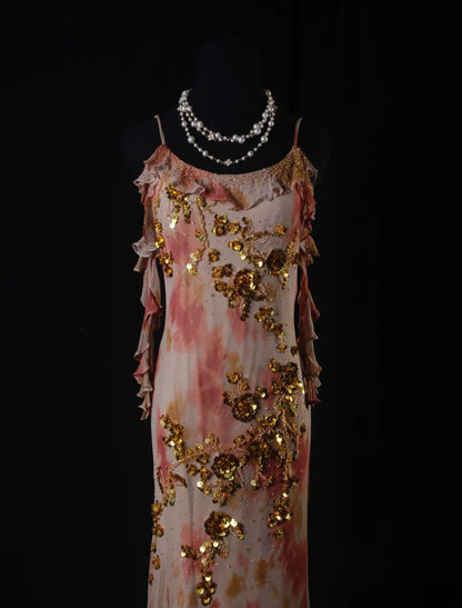 Robe de bal élégante années 50, sirène, bretelles spaghetti, mousseline ornée de perles dorées, robe de soirée longue AS206