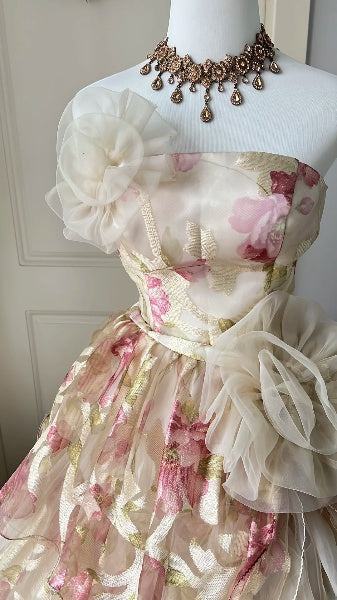 Sweet 15 Quinceanera Dress Ball Gown Strapless Yellow Floral Tulle Long 15th Birthday Gown RC0563