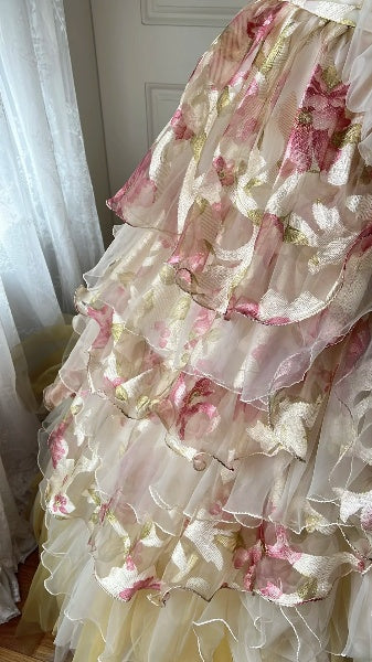 Sweet 15 Quinceanera Dress Ball Gown Strapless Yellow Floral Tulle Long 15th Birthday Gown RC0563
