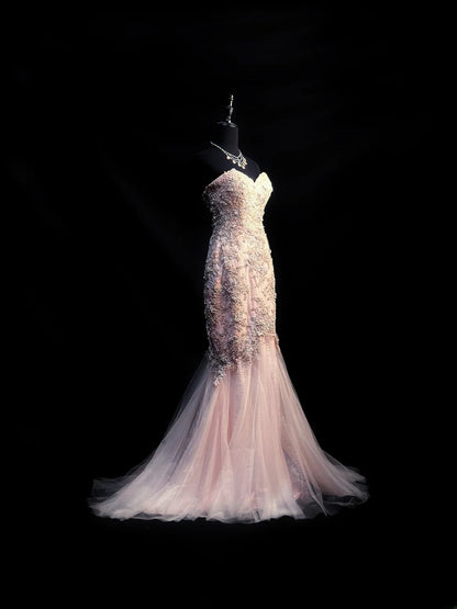 Vintage 80s Prom Dresses Mermaid Sweetheart Pink Tulle Lace With Beaded Bodice Long Party Gown Formal Outfits RB6007