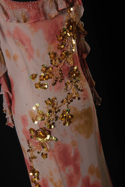 Robe de bal élégante années 50, sirène, bretelles spaghetti, mousseline ornée de perles dorées, robe de soirée longue AS206
