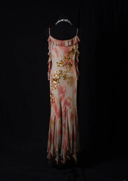 Robe de bal élégante années 50, sirène, bretelles spaghetti, mousseline ornée de perles dorées, robe de soirée longue AS206