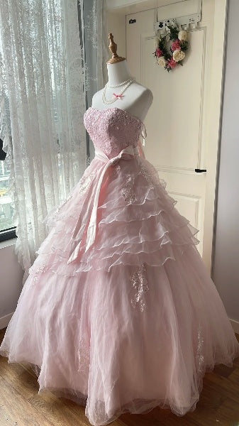 Sweet 15 Quinceanera Dress Ball Gown Strapless Pink Tiered Layers Tulle Long 15th Birthday Gown RC0564