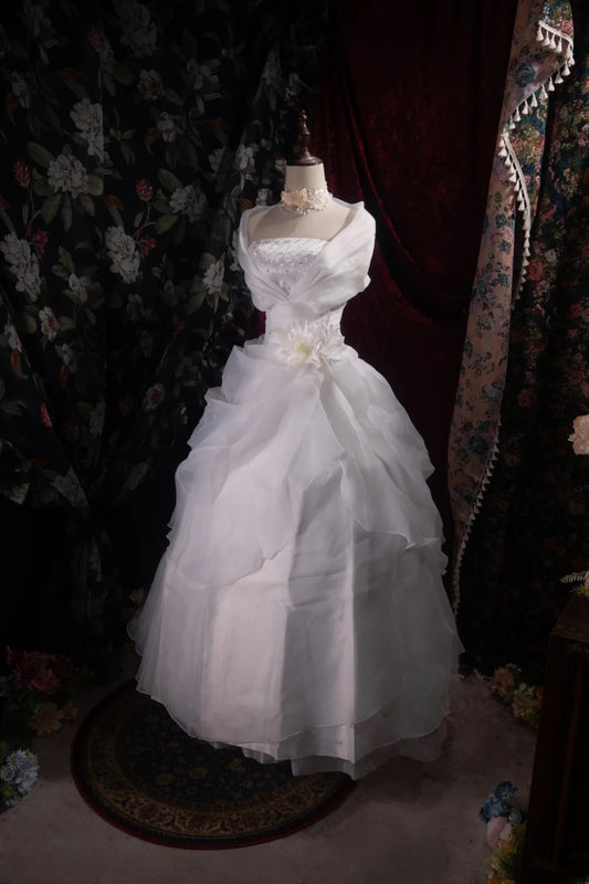 Atemberaubendes schulterfreies Ballkleid mit Perlenstickerei, 2000er Jahre, Weiß mit Cape, figurbetont, lang, Herbst-Winter-Brautkleid, Hochzeitskleider RB8480