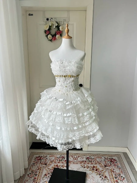Hoco Dress Ball Gown Strapless White Short Lace Homecoming 17th Birthday Party Dress RC0565