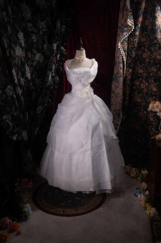 Atemberaubendes schulterfreies Ballkleid mit Perlenstickerei, 2000er Jahre, Weiß mit Cape, figurbetont, lang, Herbst-Winter-Brautkleid, Hochzeitskleider RB8480