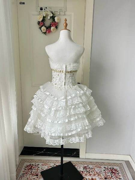 Hoco Dress Ball Gown Strapless White Short Lace Homecoming 17th Birthday Party Dress RC0565