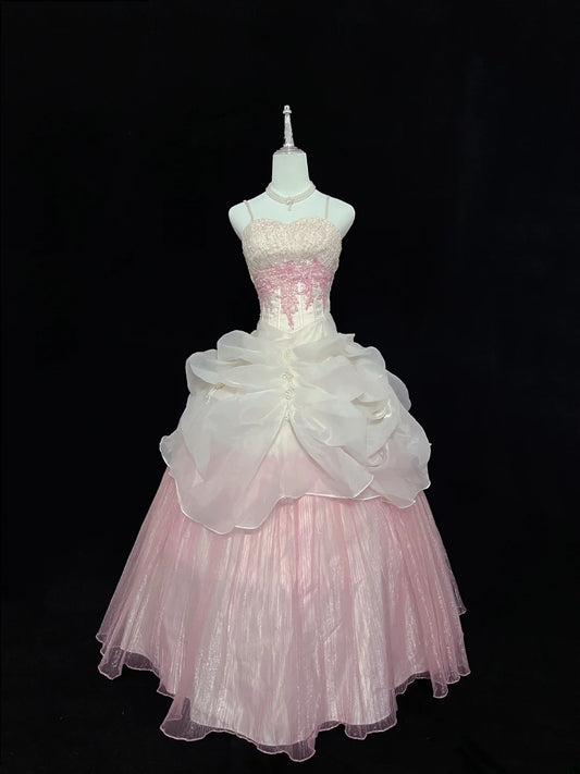 Beautiful Ball Gown Spaghetti Strap Pink Tulle With Appliqued Lace Prom Dress Formal Outfits Party Dresses RB7609