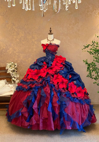 Quinceanera Dress Blue Red Strapless With Tiered Layers Floor Length Ball Gown Sweet 15 15th Birthday Gown RB9136