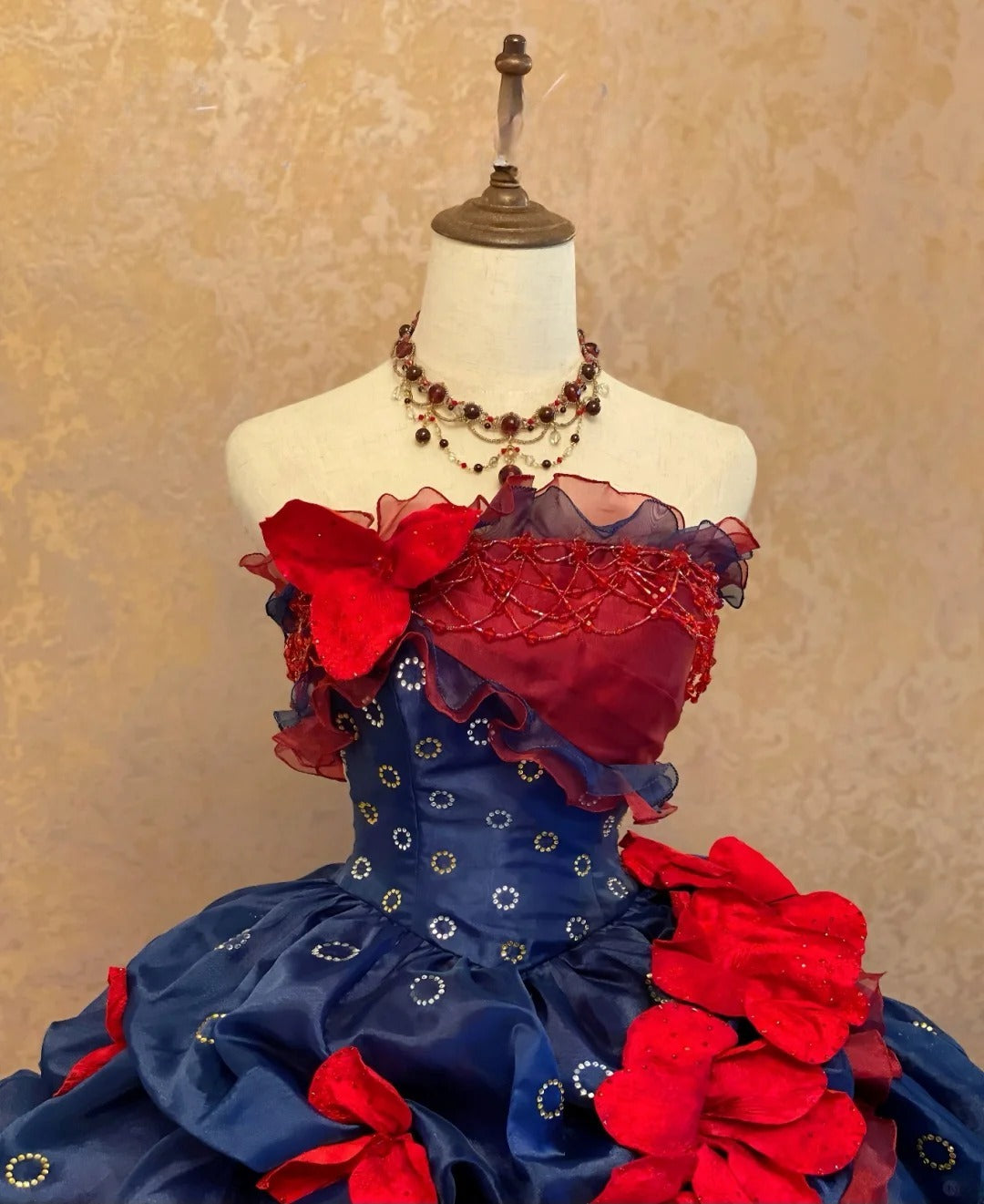 Quinceanera Dress Blue Red Strapless With Tiered Layers Floor Length Ball Gown Sweet 15 15th Birthday Gown RB9136