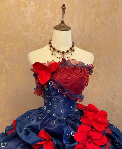 Quinceanera Dress Blue Red Strapless With Tiered Layers Floor Length Ball Gown Sweet 15 15th Birthday Gown RB9136