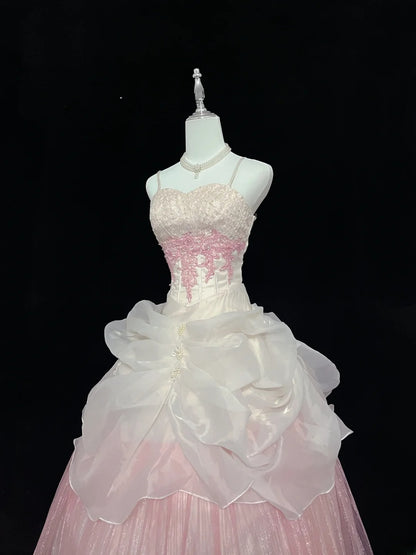 Beautiful Ball Gown Spaghetti Strap Pink Tulle With Appliqued Lace Prom Dress Formal Outfits Party Dresses RB7609