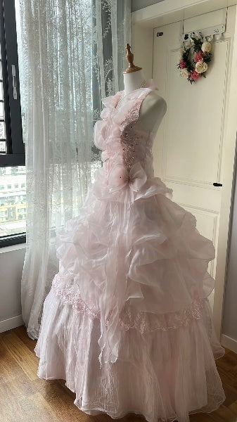 Elegant Sweet 16 Dress Long Halter Pink With Tiered Layers Ball Gown Sweet Sixteen Party Birthday Dresses RC0566