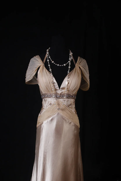 Robe de bal élégante années 1950, coupe trapèze, col en V, mousseline champagne ornée de perles, robe de soirée longue vintage AS210
