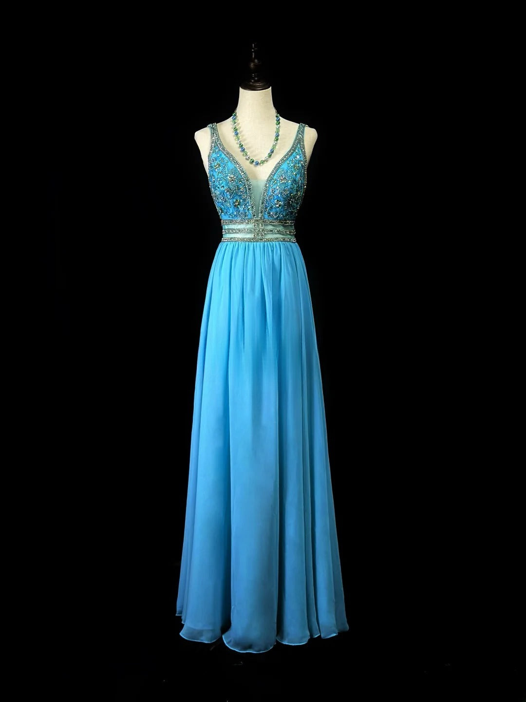 Vintage 70s Prom Dresses A Line V Neck Chiffon Blue With Beading Long Party Gown Formal Outfits RB6011