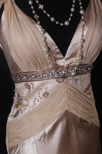 Robe de bal élégante années 1950, coupe trapèze, col en V, mousseline champagne ornée de perles, robe de soirée longue vintage AS210