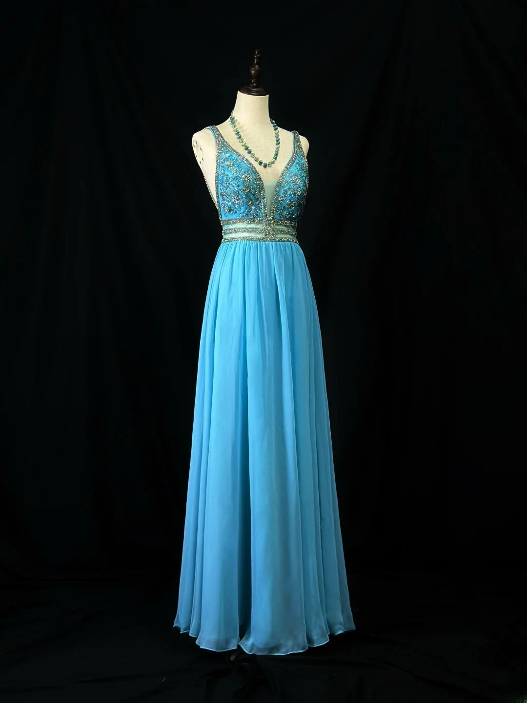 Vintage 70s Prom Dresses A Line V Neck Chiffon Blue With Beading Long Party Gown Formal Outfits RB6011