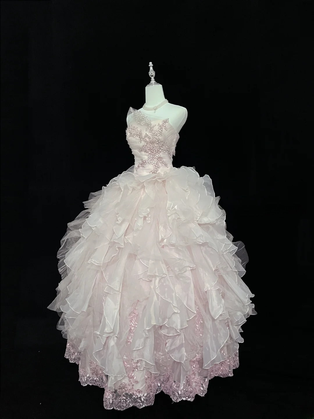 Dream Ball Gowns Strapless Pink With Ruffled Layers Tiered Long Prom Dress Senior Puffy Sweet 16 Sixteen Outfit Vestido de 15 RB7610