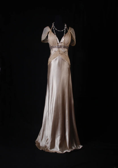 Robe de bal élégante années 1950, coupe trapèze, col en V, mousseline champagne ornée de perles, robe de soirée longue vintage AS210