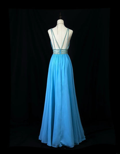 Vintage 70s Prom Dresses A Line V Neck Chiffon Blue With Beading Long Party Gown Formal Outfits RB6011