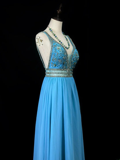 Vintage 70s Prom Dresses A Line V Neck Chiffon Blue With Beading Long Party Gown Formal Outfits RB6011