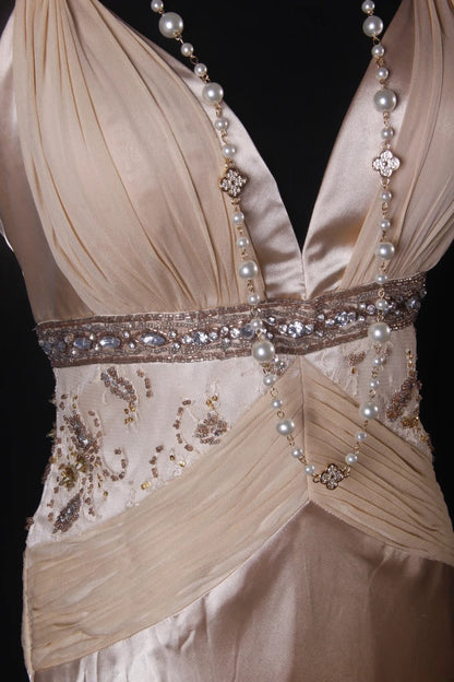Robe de bal élégante années 1950, coupe trapèze, col en V, mousseline champagne ornée de perles, robe de soirée longue vintage AS210