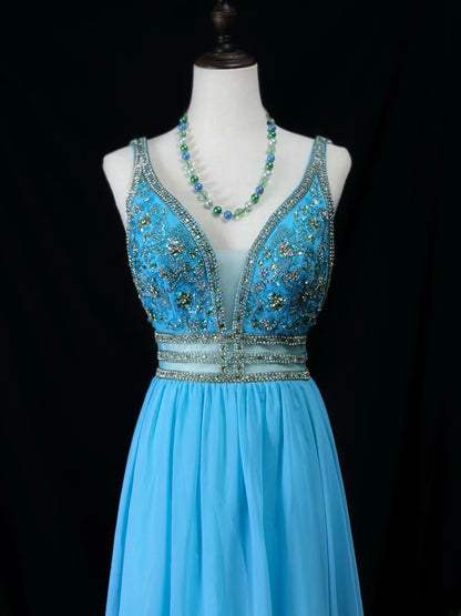 Vintage 70s Prom Dresses A Line V Neck Chiffon Blue With Beading Long Party Gown Formal Outfits RB6011