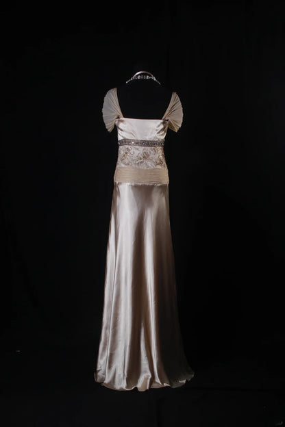 Robe de bal élégante années 1950, coupe trapèze, col en V, mousseline champagne ornée de perles, robe de soirée longue vintage AS210