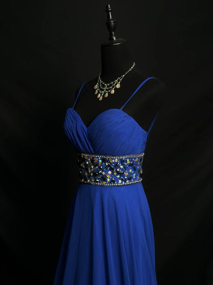 Vintage 70s Prom Dresses A Line Spaghetti Strap Royal Blue Chiffon With Beading Long Party Gown Formal Outfits RB6012