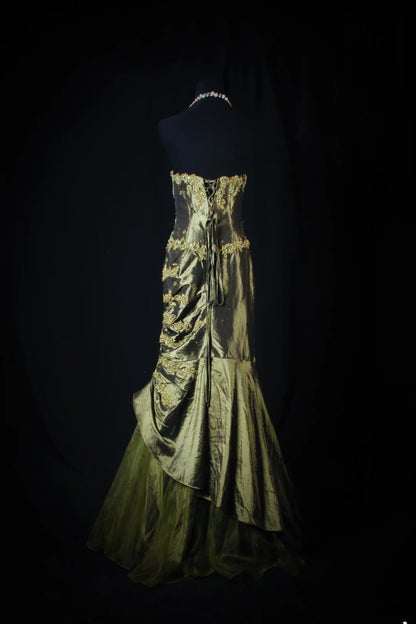Robe de soirée sirène vintage années 1950 en taffetas vert olive ornée de perles, longue et élégante, style années 1950, AS211