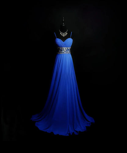 Vintage 70s Prom Dresses A Line Spaghetti Strap Royal Blue Chiffon With Beading Long Party Gown Formal Outfits RB6012