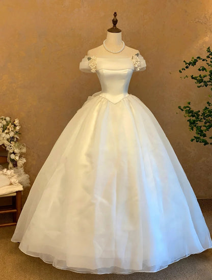 Elegant Floor Length Wedding Dress Classic White With Sleeves Off Shoulder Bridal Gown for Big Day RB9137