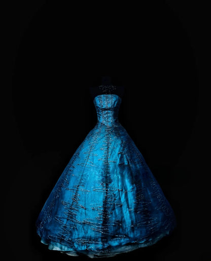 Ball Gown Strapless Blue Tulle Long Quinceanera Dresses With Lace For Sweet 15 15 Anos Celebration Birthday Formal Gown RB8861