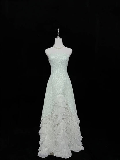 Beautiful A line Strapless Mint Green Lace With Tiered Chiffon Prom Dress Formal Outfits Party Dresses RB7612