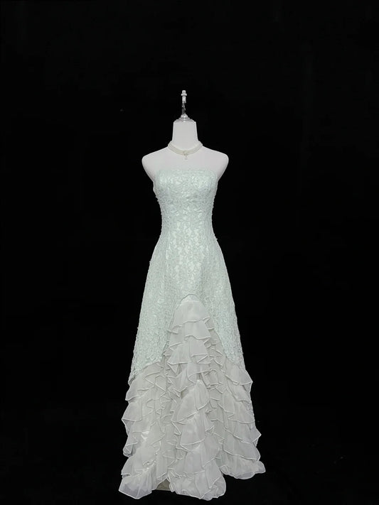 Beautiful A line Strapless Mint Green Lace With Tiered Chiffon Prom Dress Formal Outfits Party Dresses RB7612