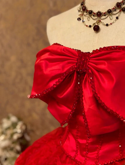 Quinceanera Dress Red Strapless With Bow Floor Length Ball Gown Sweet 15 15th Birthday Gown RB9138