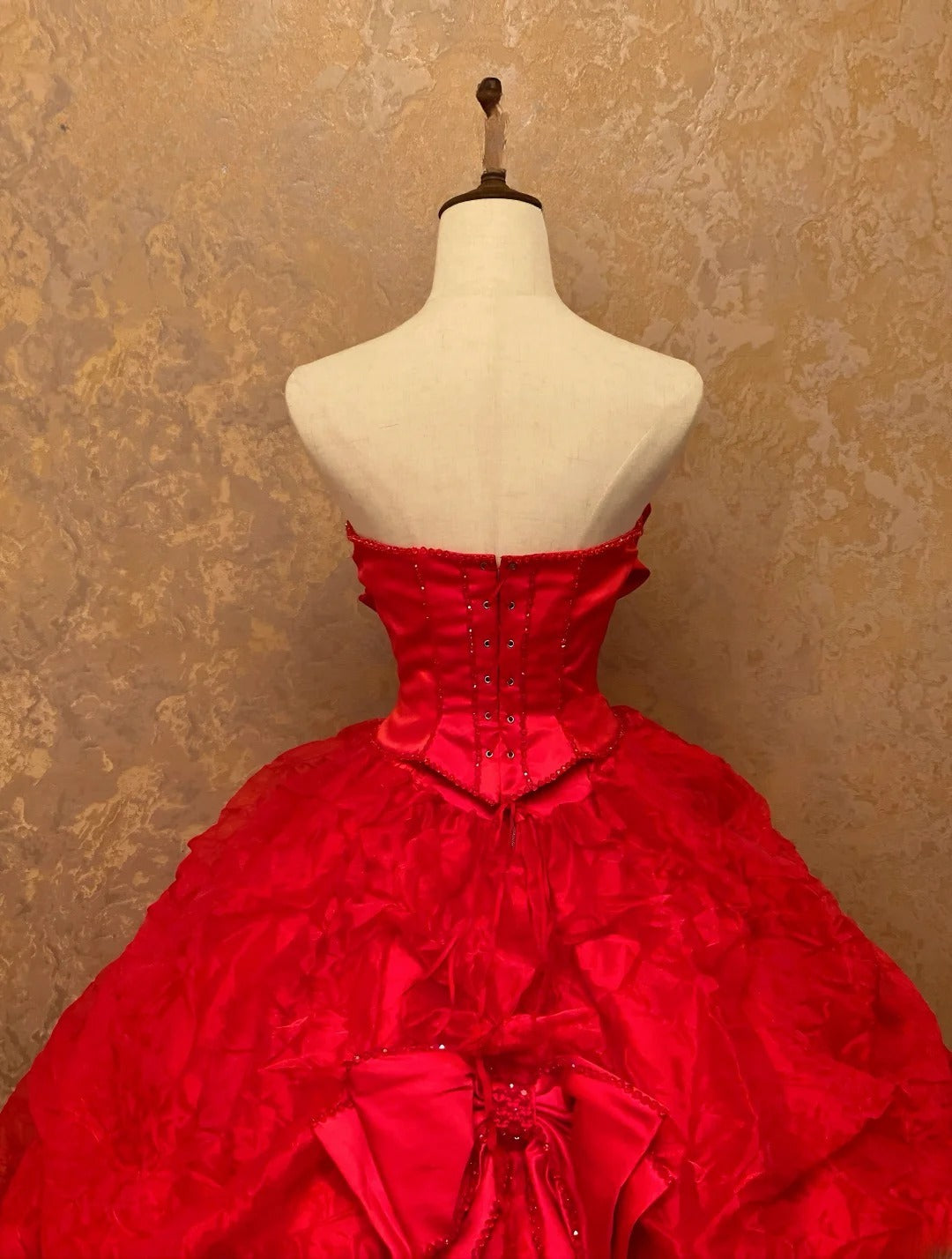 Quinceanera Dress Red Strapless With Bow Floor Length Ball Gown Sweet 15 15th Birthday Gown RB9138