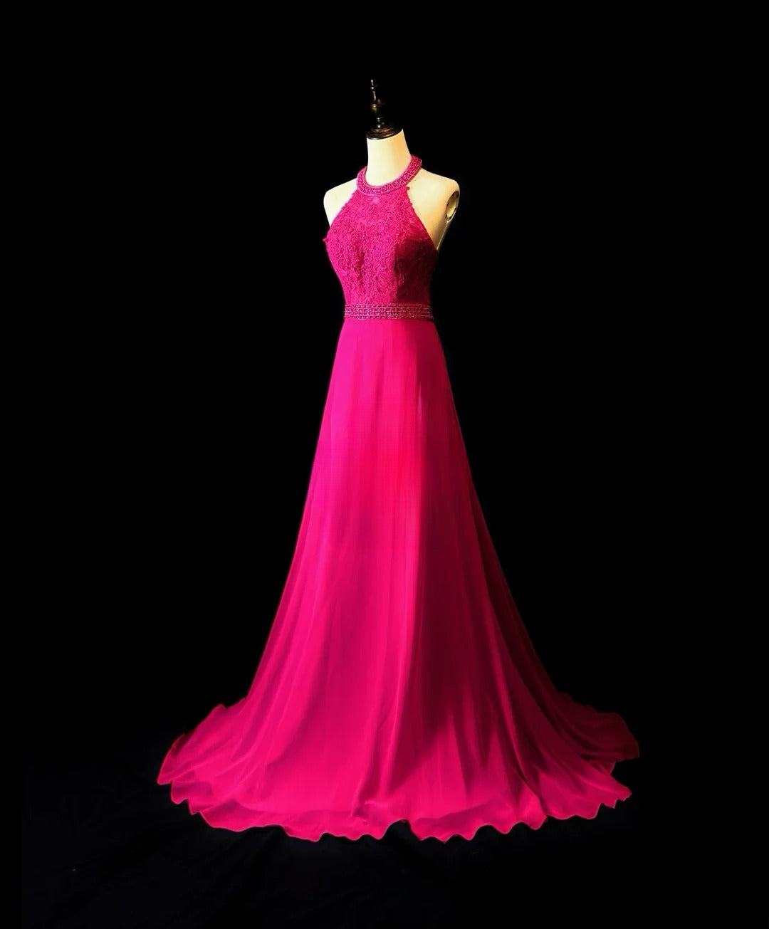 Vintage 90s Prom Dresses A Line Halter Hot Pink Chiffon With Beading Long Party Gown Formal Outfits RB6014